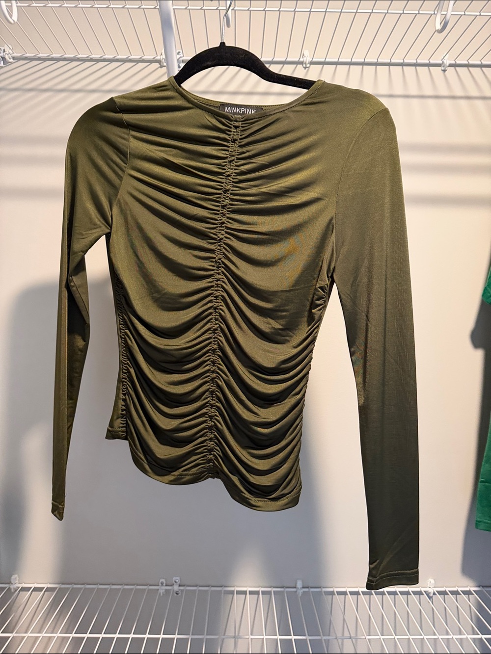 MINKPINK Olive Green Ruched Long Sleeve Top